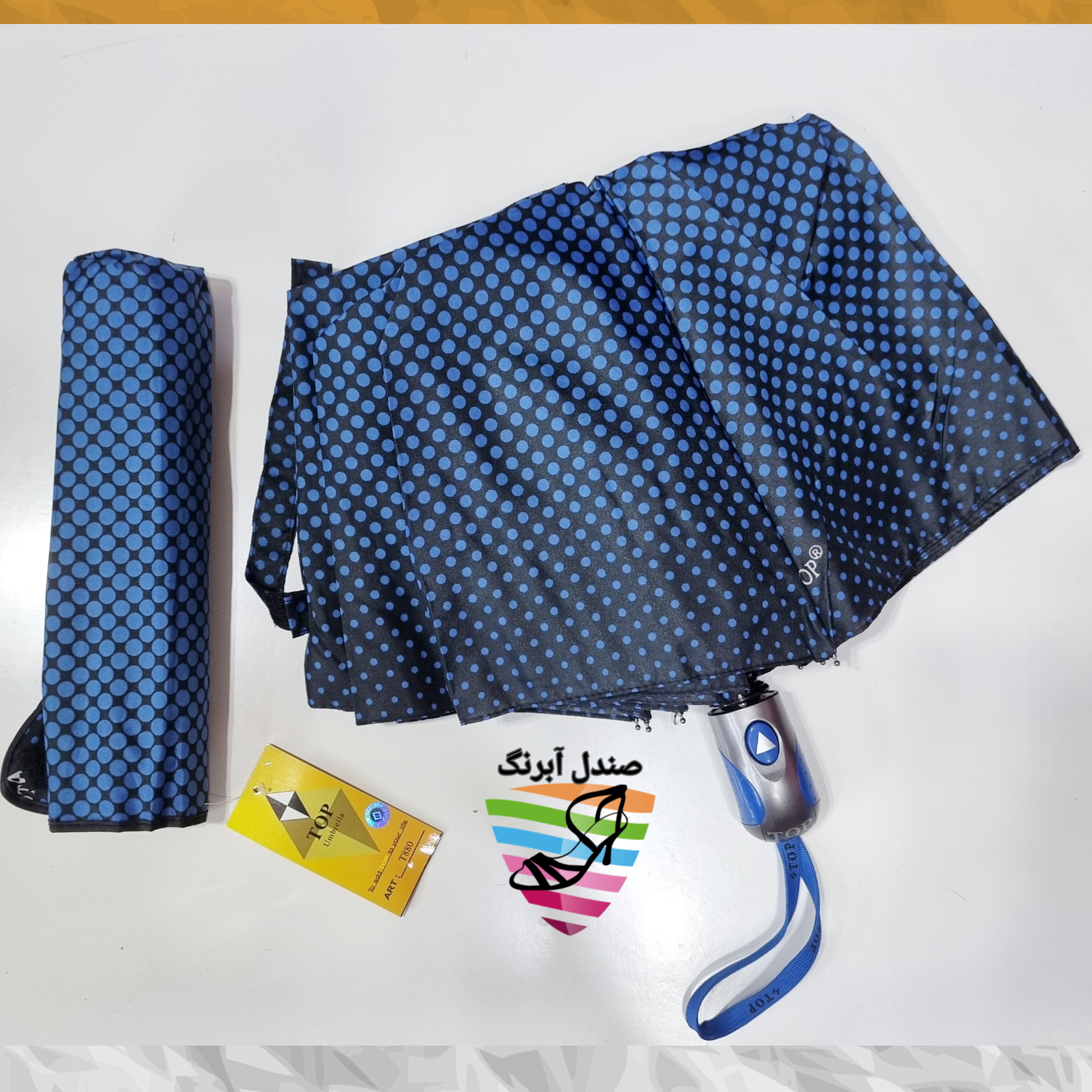 چتر 3 تاشو اتوماتیک زنانه تاپ مدل خال خال رنگ آبی